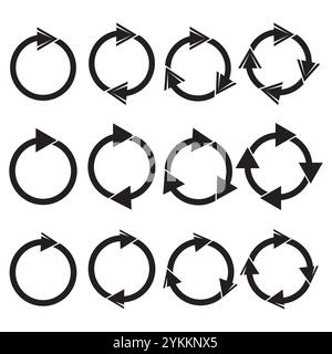 Set frecce circolari. Riciclare le icone di rotazione. Simboli con freccia nera. Illustrazione vettoriale. Illustrazione Vettoriale