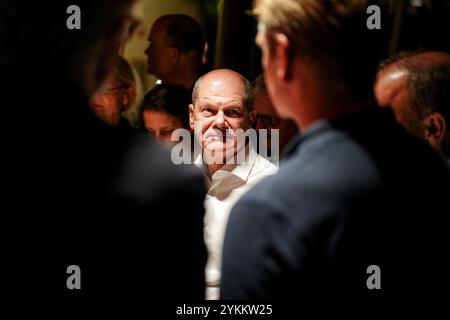 Rio De Janeiro, Brasile. 18 novembre 2024. Il Cancelliere federale Olaf Scholz (SPD) parla con i giornalisti ai margini del vertice del G20. Crediti: Kay Nietfeld/dpa/Alamy Live News Foto Stock