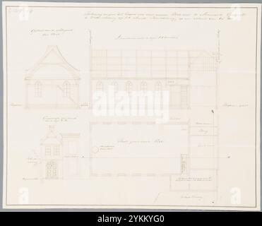 Bouwtekening Mennonietenkerk op Terschelling. Teekening wegens het bouwen van eene nieuwe kerk voor de Mennoniete gemeente te West Terschelling op het eiland Terschelling. Kleur. Foto Stock