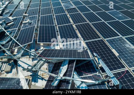 Vista dall'alto dei pannelli solari fotovoltaici distrutti dall'uragano Ian montati sul tetto di un edificio industriale per la produzione di elettricità ecologica verde Foto Stock