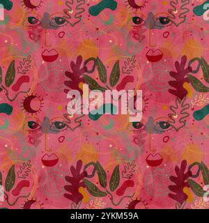 Questo vivace e colorato motivo astratto mostra in modo creativo vari volti e elementi botanici Foto Stock