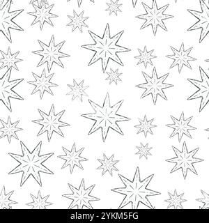 Questo esclusivo motivo a stelle è perfetto per una varietà di progetti creativi e sfondi. Grafica vettoriale in bianco e nero disegnata a mano nella grafica in linea per la stampa su carta e tessuto. Illustrazione Vettoriale