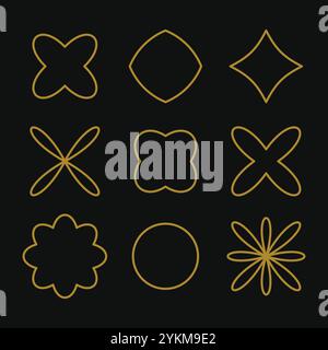 Set di icone della linea di fiori d'oro. Icone di fiori astratti isolate su sfondo nero. Illustrazione Vettoriale