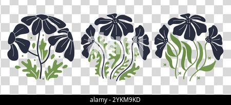 Set di fiori blu Groovy trasparente. Forme circolari organiche in 60 stile hippie retrò anni '70 anni '80. Illustrazione Vettoriale