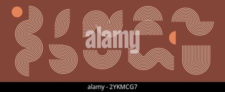 Collezione di elementi lineari boho. Progettazione di forme d'onda e arco in terracotta. Curve e archi della metà del secolo. Pacchetto decorativo bohémien con forma ornamentale per badge, icona, poster, banner, template. Vettore Illustrazione Vettoriale