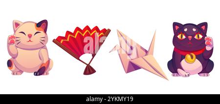 Simboli culturali giapponesi con gatti neko Maneki fortunati, tradizionali ventole rosse pieghevoli, gru di carta origami. La fortuna porta elementi di design con movimenti di zampa ondulati e decorazioni a campana dorata. Illustrazione Vettoriale