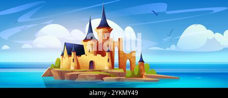 Castello medievale su un'isola rocciosa nel mare blu o nell'acqua dell'oceano. fortezza con alte guglie su tetti blu scuro di torri. Cespugli verdi sui bordi della costa nel paesaggio marittimo. Fantasy kingdom Palace. Illustrazione Vettoriale