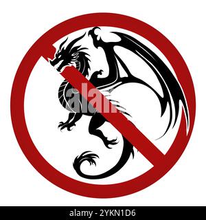 Segno vettoriale proibito con silhouette nera di drago. Non toccare creature mitiche. Pericolo di morso di drago fatato. Cartello di divieto per gli adesivi Illustrazione Vettoriale