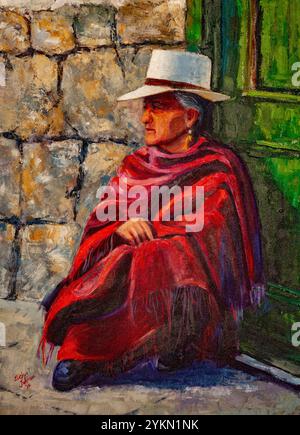 Dipinto di un'anziana donna andina che indossa uno scialle rosso e un cappello bianco, seduta contemplativamente contro un muro di pietra accanto a una porta verde Foto Stock
