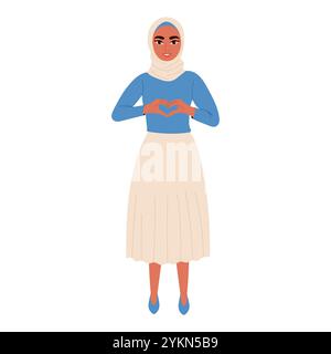 Donna musulmana che forma il cuore con le dita. Concetto per San Valentino. Illustrazione Vettoriale