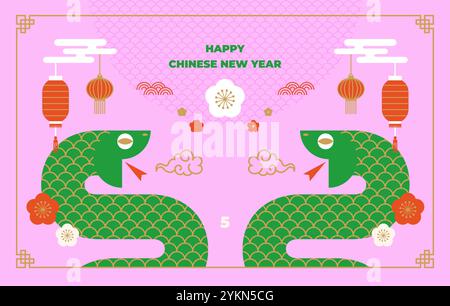 2025 Capodanno cinese, felice anno nuovo cinese 2025, 2025 anno nuovo lunare, anno del serpente, moderno stile geometrico piatto. Serpente zodiaco cinese Illustrazione Vettoriale