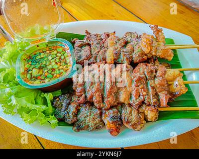 Spiedini di manzo grigliati con salsa piccante, spiedini di carne alla griglia. Foto Stock