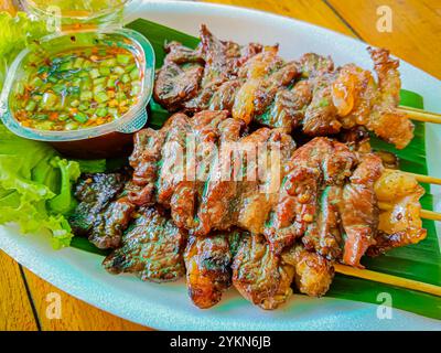 Spiedini di manzo grigliati con salsa piccante, spiedini di carne alla griglia. Foto Stock