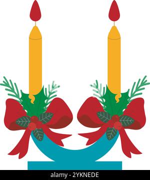 Candelabro di Natale con candele accese, decorazione di tavoli festivi. Stand con due candele decorate con archi rossi, bacche, agrifoglio e rami di abete. Illustrazione Vettoriale