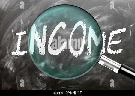 Reddito - imparate, studiate e ispezionate. Un'occhiata più da vicino al reddito. Una lente d'ingrandimento che ingrandisce la parola "reddito" scritta su una lavagna Foto Stock