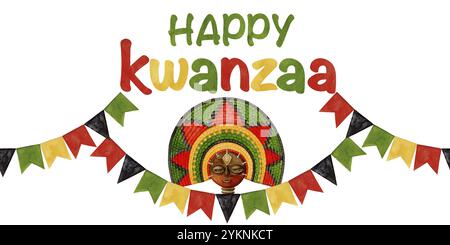 Felice Kwanzaa confine perfetto tra fan e party in tessuto africano garland. Illustrazione delle festività con acquerello disegnato a mano di un simbolo tradizionale. Isolato Foto Stock