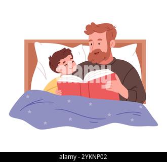 Padre e figli leggono favole a letto. Papà legge un libro a suo figlio prima di andare a letto. Illustrazione Vettoriale