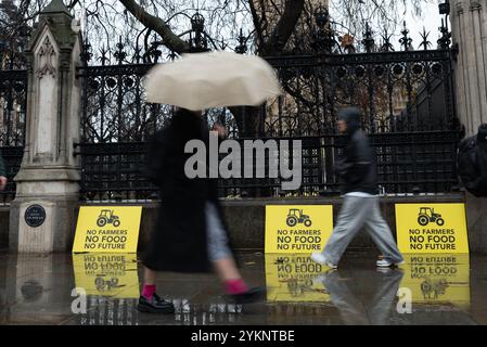 Westminster, Londra, Regno Unito. 19 novembre 2024. Gli agricoltori stanno prendendo parte a una protesta che si terrà a Westminster più tardi contro le modifiche del governo di sgravio fiscale per le aziende agricole annunciate nel bilancio. I manifestanti credono che ciò avrà effetti ingiusti sugli agricoltori a conduzione familiare. Cartelli di protesta fuori dal Parlamento Foto Stock