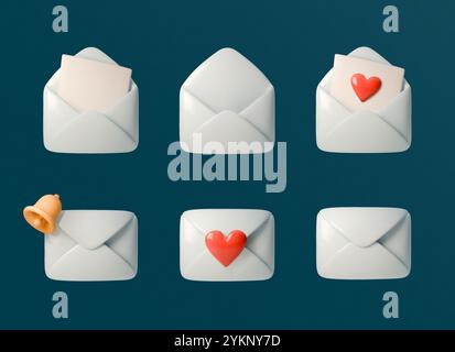 Set di icone di inviluppo vettoriale 3D con vari design buste aperte, chiuse, con lettere, cuori e campana. Perfetto per la posta elettronica Illustrazione Vettoriale