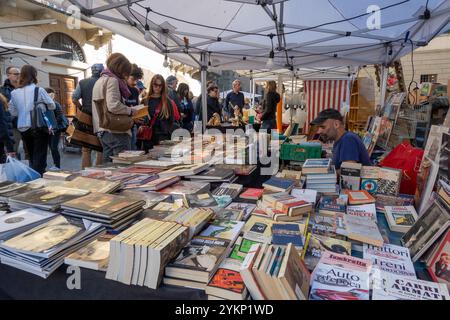 Arezzo, Italia - 2 novembre 2024: I visitatori curiosano tra i pezzi d'antiquariato del mercato mensile del centro storico di Arezzo, esplorando gli oggetti esposti dai venditori lungo le strade e le piazze Foto Stock