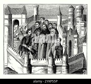 Un'antica incisione di re Riccardo II che incontrò Henry Bolingbroke, conte di Derby a Flint Castle, Clwyd, Galles del Nord, Regno Unito nel 1399 - proviene da un libro di storia vittoriana. I cugini Richard (al centro) e Henry (lasciato con il cappello in mano) si trovarono faccia a faccia, con Richard che dovette rinunciare al suo trono. Enrico scortò Riccardo a Londra dove Riccardo abdicò ed Enrico venne incoronato re (Enrico IV). Richard morì un anno dopo in prigionia. Foto Stock