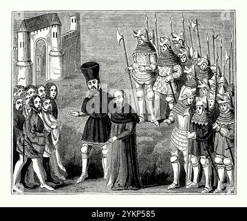 Un'antica incisione di re Riccardo II che incontrò Henry Bolingbroke, conte di Derby a Flint Castle, Clwyd, Galles del Nord, Regno Unito nel 1399 - proviene da un libro di storia vittoriana. Erano cugini – qui Richard (centro) viene scortato da Henry (con cappello). Enrico portò Riccardo a Londra dove Riccardo abdicò ed Enrico venne incoronato re (Enrico IV). Richard morì un anno dopo in prigionia. Foto Stock