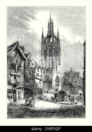 Un'antica incisione di Newcastle upon Tyne, Tyne and Wear, Inghilterra, Regno Unito c. 1700 - proviene da un libro di storia vittoriana. Questa vista sulla strada del centro città è dal Groat Market con la cattedrale di Newcastle e la sua impressionante guglia, con il Castello (sfondo proprio) dietro. Newcastle è il borgo metropolitano più settentrionale dell'Inghilterra, situato sulla riva settentrionale del fiume Tyne. Newcastle si sviluppò intorno a un insediamento romano chiamato Pons Aelius. L'insediamento divenne noto come Monkchester prima di prendere il nome di un castello costruito nel 1080 dal figlio maggiore di Guglielmo il Conquistatore, Robert Curthose. Foto Stock