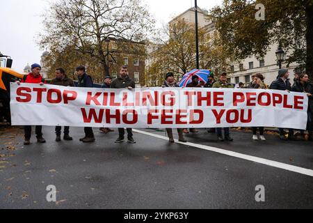 Londra, Regno Unito, 19 novembre 2024.gli agricoltori tengono uno striscione di protesta. Gli agricoltori e i loro sostenitori tengono una manifestazione nel centro di Londra contro le recenti modifiche del governo britannico alle leggi fiscali. Durante il primo bilancio del Labours in 14 anni, il cancelliere Rachel Reeves ha annunciato che gli agricoltori avrebbero perso le esenzioni quando avrebbero pagato l'imposta sulle successioni. Gli agricoltori ritengono che il cambiamento imminente significhi che i proprietari di aziende agricole di piccole e medie dimensioni si troveranno ad affrontare in futuro un onere fiscale più elevato, causando difficoltà e riluttanza a investire nelle infrastrutture. Crediti: James Willoughby/Alamy Live News Foto Stock