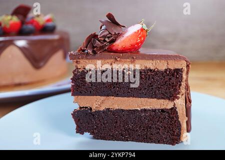 Fetta di gustosa torta al cioccolato fondente con fragole fresche e mirtilli Foto Stock