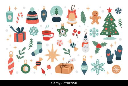 Set di elementi natalizi. Graziosa collezione di decorazioni natalizie invernali. Illustrazione vettoriale con abete, regali, biscotti. Graziosa collezione di decorazioni natalizie invernali. Design piatto, stile cartoon. Illustrazione Vettoriale