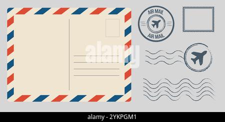 Set di modelli busta cartolina. Francobolli per biglietti d'auguri servizi postali telaio rosso blu consegna rapida aeronavi elegante design retrò grafica vuota Illustrazione Vettoriale