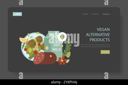 Concetto di giornata Mondiale Vegan. Immagine banner Web di alternative vegetali, tra cui latte di soia e alimenti vegetariani. Promuove scelte di vita senza crudeltà. Illustrazione vettoriale. Illustrazione Vettoriale