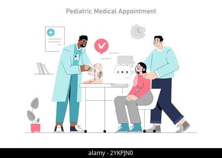 Concetto di appuntamento medico pediatrico. Un medico esamina un bambino con genitori attenti in una clinica. Assistenza sanitaria, supporto familiare e benessere dei bambini. Illustrazione vettoriale. Illustrazione Vettoriale