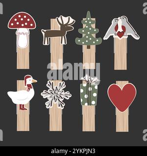 Piccola collezione di abiti in legno. Set di clothespins decorati in inverno. Elemento di design natalizio isolato. Illustrazione vettoriale Illustrazione Vettoriale