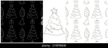 Vacanze di Natale. Impostare i motivi monocromatici in stile disegno a mano. Alberi di Natale, cappelli, regali. Può essere utilizzato per tessuti, imballaggi e così via Illustrazione Vettoriale