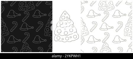 Vacanze di Natale. Cappelli di Capodanno, canna di caramelle. Impostare i motivi monocromatici in stile disegno a mano. Può essere utilizzato per tessuti, imballaggi, imballaggi e così via Illustrazione Vettoriale