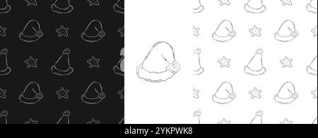 Vacanze di Natale. Cappelli di Capodanno, stelle. Impostare i motivi monocromatici in stile disegno a mano. Può essere utilizzato per tessuti e così via Illustrazione Vettoriale