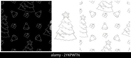 Vacanze di Natale. Impostare i motivi monocromatici in stile disegno a mano. Alberi di Natale, cappelli, regali. Può essere utilizzato per tessuti Illustrazione Vettoriale
