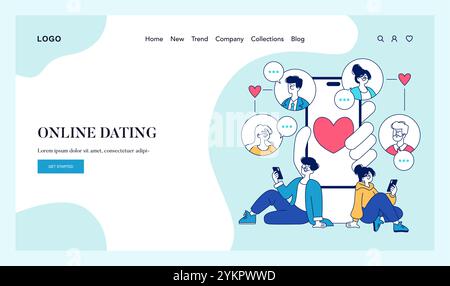 Concetto di incontri online. Comunicazione moderna e romantica attraverso la tecnologia con un affascinante design dell'interfaccia dell'app per incontri. Interazione sociale nell'era digitale. Illustrazione vettoriale. Illustrazione Vettoriale