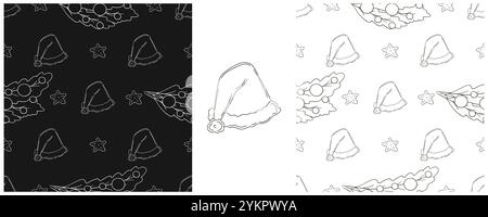 Vacanze di Natale. Alberi di Natale, cappelli, regali. Impostare i motivi monocromatici in stile disegno a mano. Può essere utilizzato per tessuti Illustrazione Vettoriale