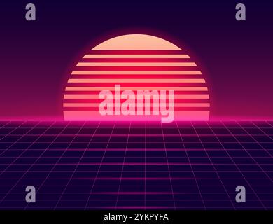 Elegante sfondo retrò anni '80, '90 con griglia laser. Tramonto astratto e futuristico al neon. Vettore Illustrazione Vettoriale