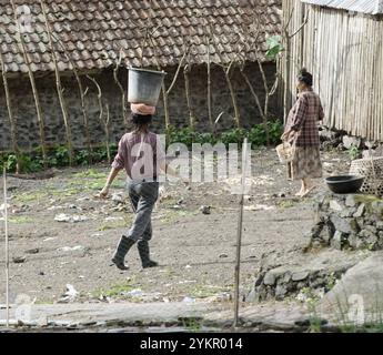 01/11/2014 - Bali, Indonesia: Una donna che cammina con un cesto in mano e un altro individuo che bilancia un secchio sulla testa. Foto Stock