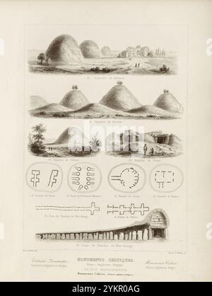 Incisione di monumenti della cultura celtica in Francia, Inghilterra e Belgio. 1853 27. Tombe di Tirlemont 28. Bartlow Burial Mound 26. Silbury Burial Mound 29. Tumulo funerario Pornic. Foto Stock