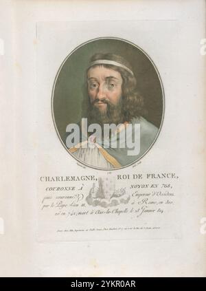 Carlo Magno, re di Francia, incoronato a Noyon nel 768 Carlo Magno (748–814) fu re dei Franchi dal 768, re dei Longobardi dal 774, e imperatore di quello che oggi è noto come Impero carolingio dal 800, mantenendo questi titoli fino alla sua morte nel 814. unì gran parte dell'Europa occidentale e centrale, e fu il primo imperatore riconosciuto a governare da ovest dopo la caduta dell'Impero Romano d'Occidente circa tre secoli prima. Foto Stock