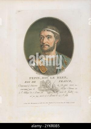 Pepino il corto Pepino il corto o Pipino (714-768), spesso noto come Pepino il giovane o Pipino III, fu sindaco del palazzo dell'Austrasia e re dei Franchi, dal 751 al 768, ed è meglio conosciuto per essere il padre di Carlo Magno, o "Carlo il grande". Foto Stock