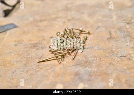 Una vista dettagliata di diverse viti per legno sparse su un tavolo in legno, che illustrano gli utensili utilizzati in progetti di falegnameria e lavorazione del legno, mettendo in risalto l'artigianato Foto Stock