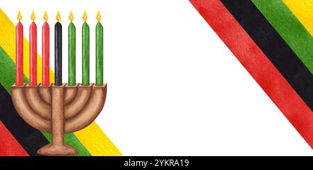 Striscione Kwanzaa. Kinara, sette candele accese, rosso nero verde. Mese della storia nera. Festa afroamericana. Illustrazione ad acquerello disegnata a mano isol Foto Stock