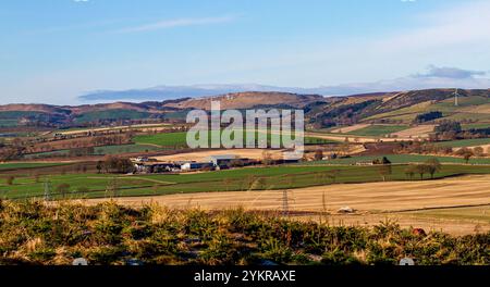 Dundee, Tayside, Scozia, Regno Unito. 19 novembre 2024. Meteo nel Regno Unito: Il freddo e il luminoso sole di novembre, insieme a un po' di gelo, creano un magnifico paesaggio tardo autunnale della Dundee Strathmore Valley e delle Sidlaw Hills in Scozia. Crediti: Dundee Photographics/Alamy Live News Foto Stock