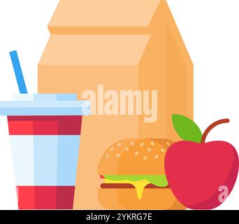 Il pranzo al sacco con un cheeseburger, una soda e una mela favorisce un pranzo scolastico equilibrato e salutare, combinando frutta nutriente con il classico americano Illustrazione Vettoriale