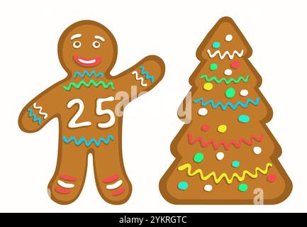Uomo di pan di zenzero con il numero 25 che indica Capodanno 2025. Albero di Natale stilizzato con biscotti. Illustrazione Vettoriale
